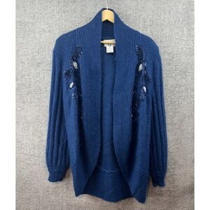 Cervelle Women's Med Blue Mohair Wool Blend Beaded Floral Embroidery Cardigan